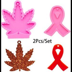 2 PCS Glossy Shiny Tree Maple Leaf Leaves and Cancer Ribbon Keychain Silicone Mo